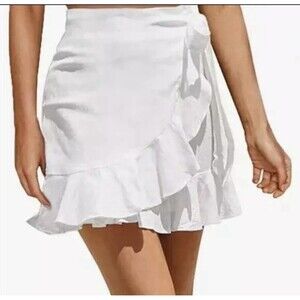 Aerie White Linen Blend Ruffled‎ Wrap Mini Flirty Tie Skirt Women's XS NWT